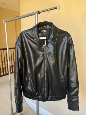 Zara Black Faux Leather Bomber Jacket